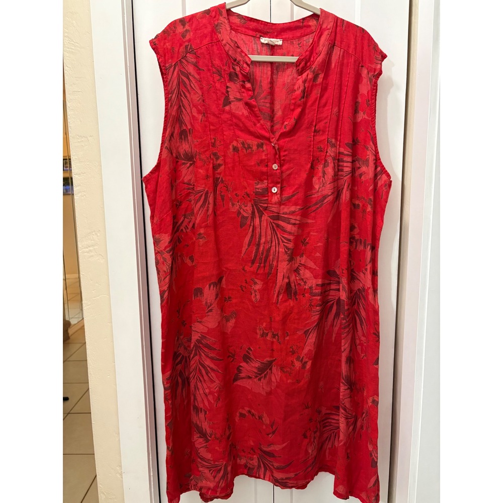 Marisa & Marie Italy Red Linen Tropical Floral Henley Tunic Dress Plus Size 3X